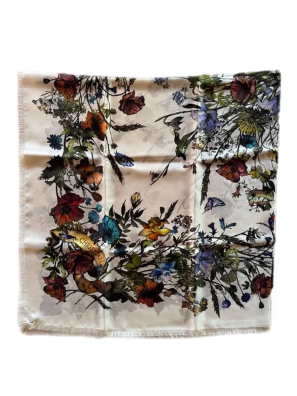 Christian Dior White Floral Butterfly Silk Scarf 90 Square Scarf